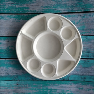 Nine Compartment Round Tray Biodegradable Food Packaging Sugarcane Bagasse Plates Custom Paper Tray Disposable Dishes