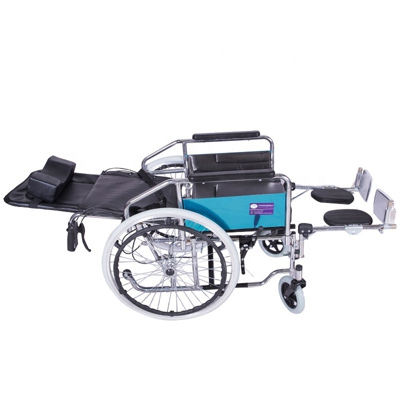 High back fully reclining steel handicapped high backrest commode reclining wheelchair with bedpan folding wheelchair