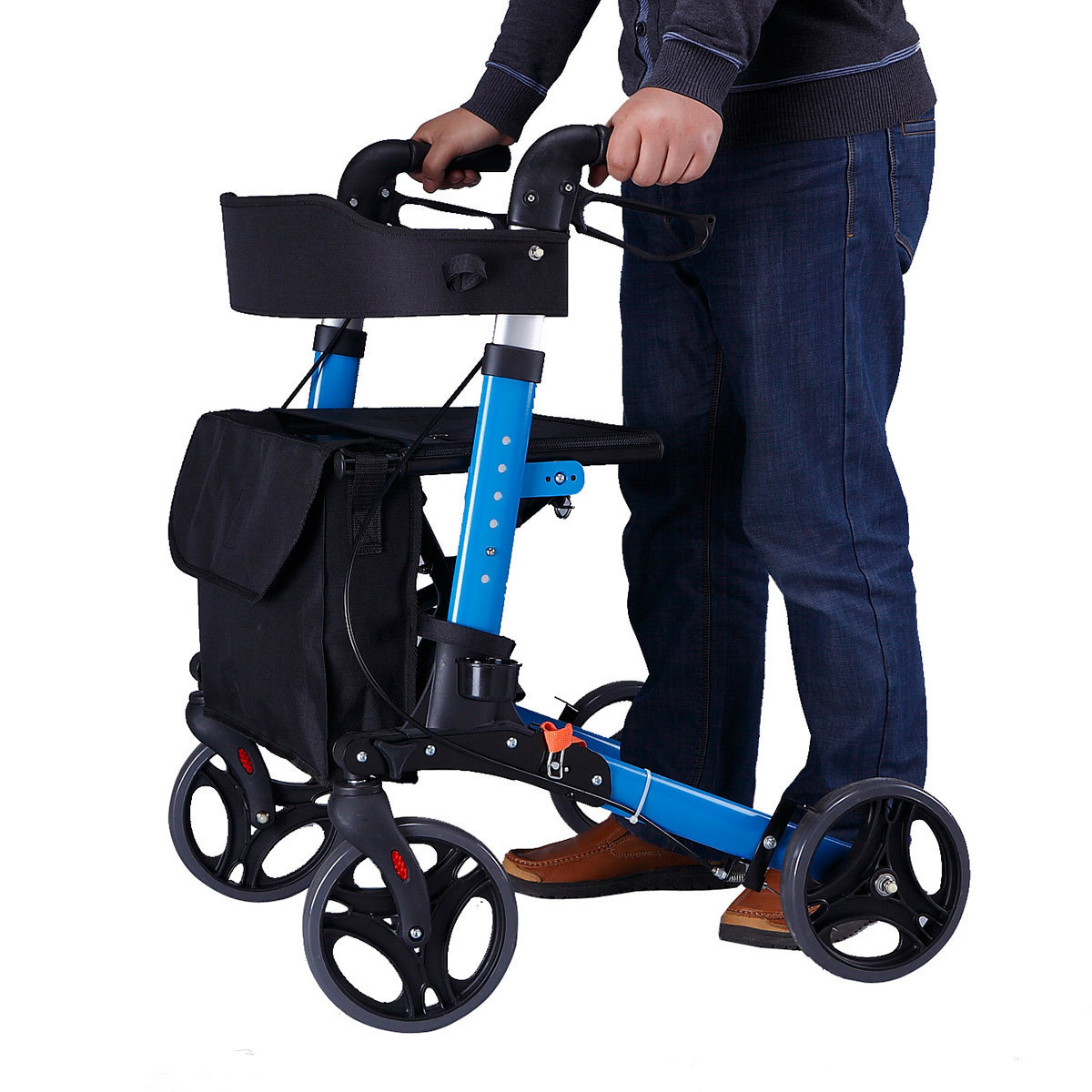 Lightweight Aluminum Rollator Walker With Brake Elderly Travel Folding Trolley Four-Wheel Shopping Cart Scooter