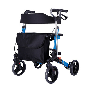 Lightweight Aluminum Rollator Walker With Brake Elderly Travel Folding Trolley Four-Wheel Shopping Cart Scooter