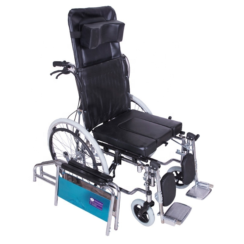 High back fully reclining steel handicapped high backrest commode reclining wheelchair with bedpan folding wheelchair