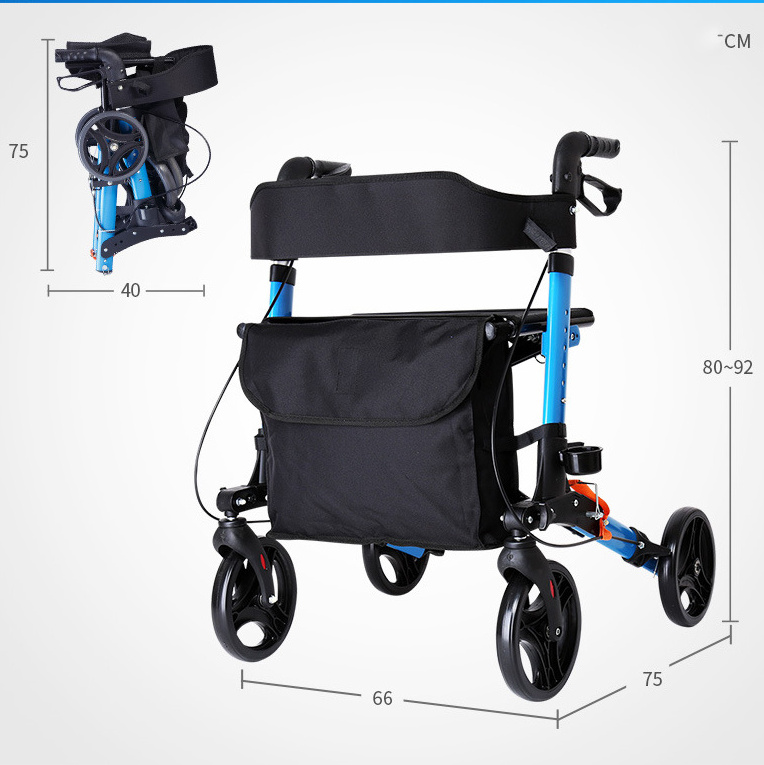 Lightweight Aluminum Rollator Walker With Brake Elderly Travel Folding Trolley Four-Wheel Shopping Cart Scooter