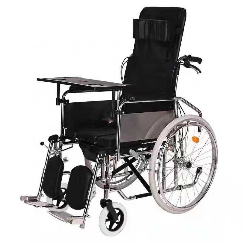 High back fully reclining steel handicapped high backrest commode reclining wheelchair with bedpan folding wheelchair