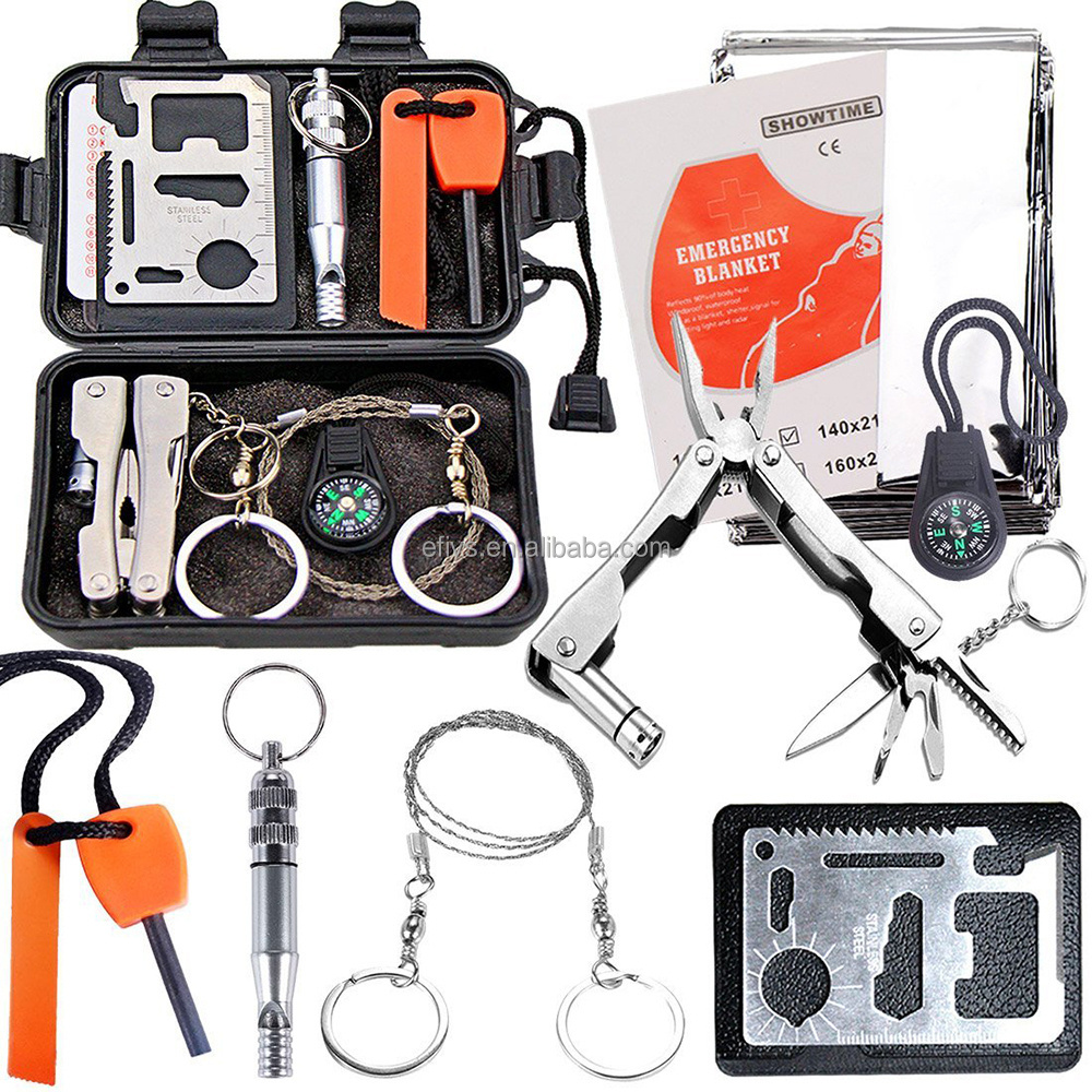 Outdoor 6 in 1 survival kit,Emergency camping gear kit with Multi-function tool Campass Fire starter Flashlight