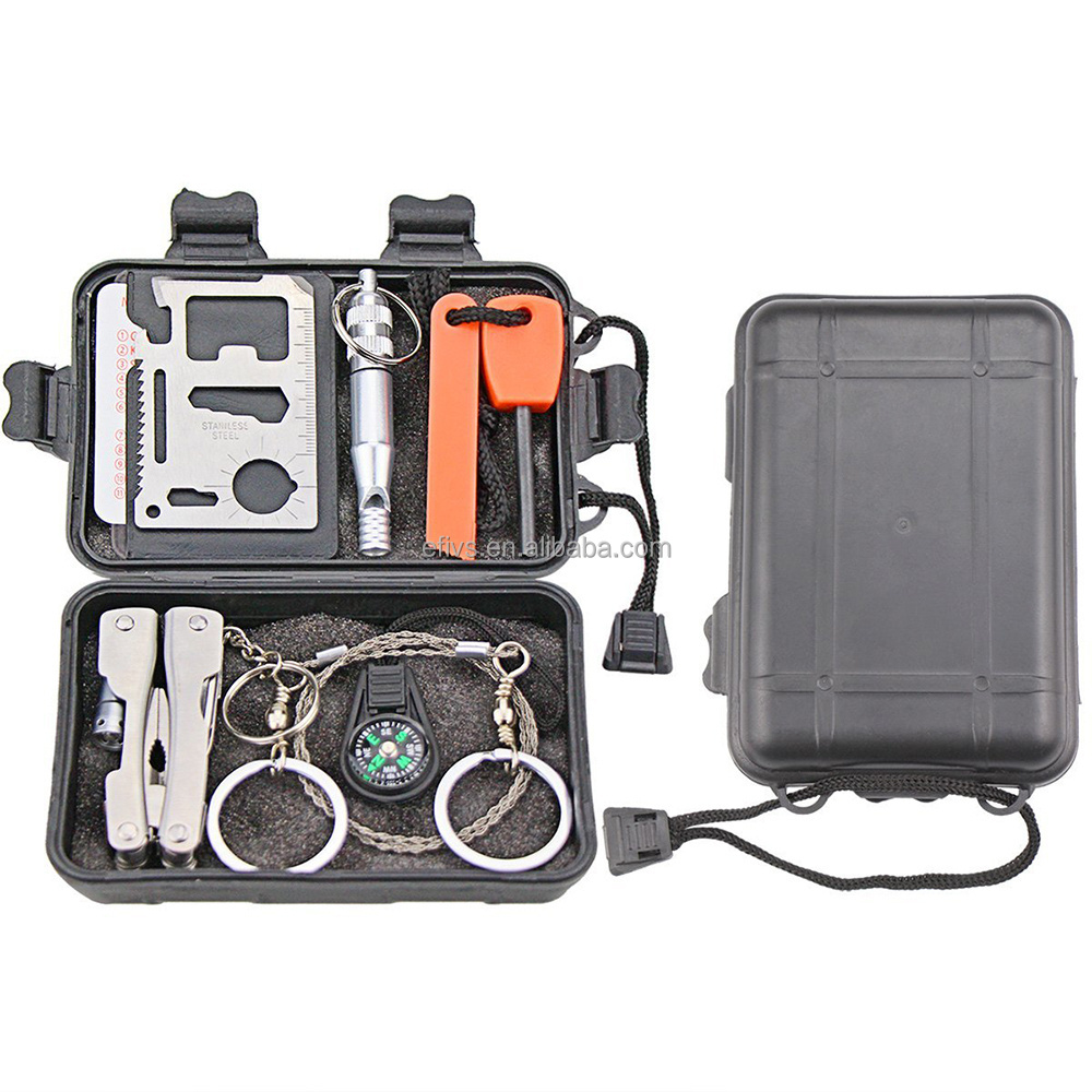 Outdoor 6 in 1 survival kit,Emergency camping gear kit with Multi-function tool Campass Fire starter Flashlight