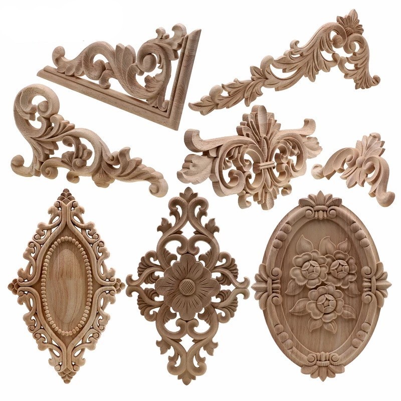 2023 OEMWood Appliques Onlays For Furniture Decor Unpainted Decorative Wood Carved Onlay Appliques For Bed Wardrobe Door Cabinet