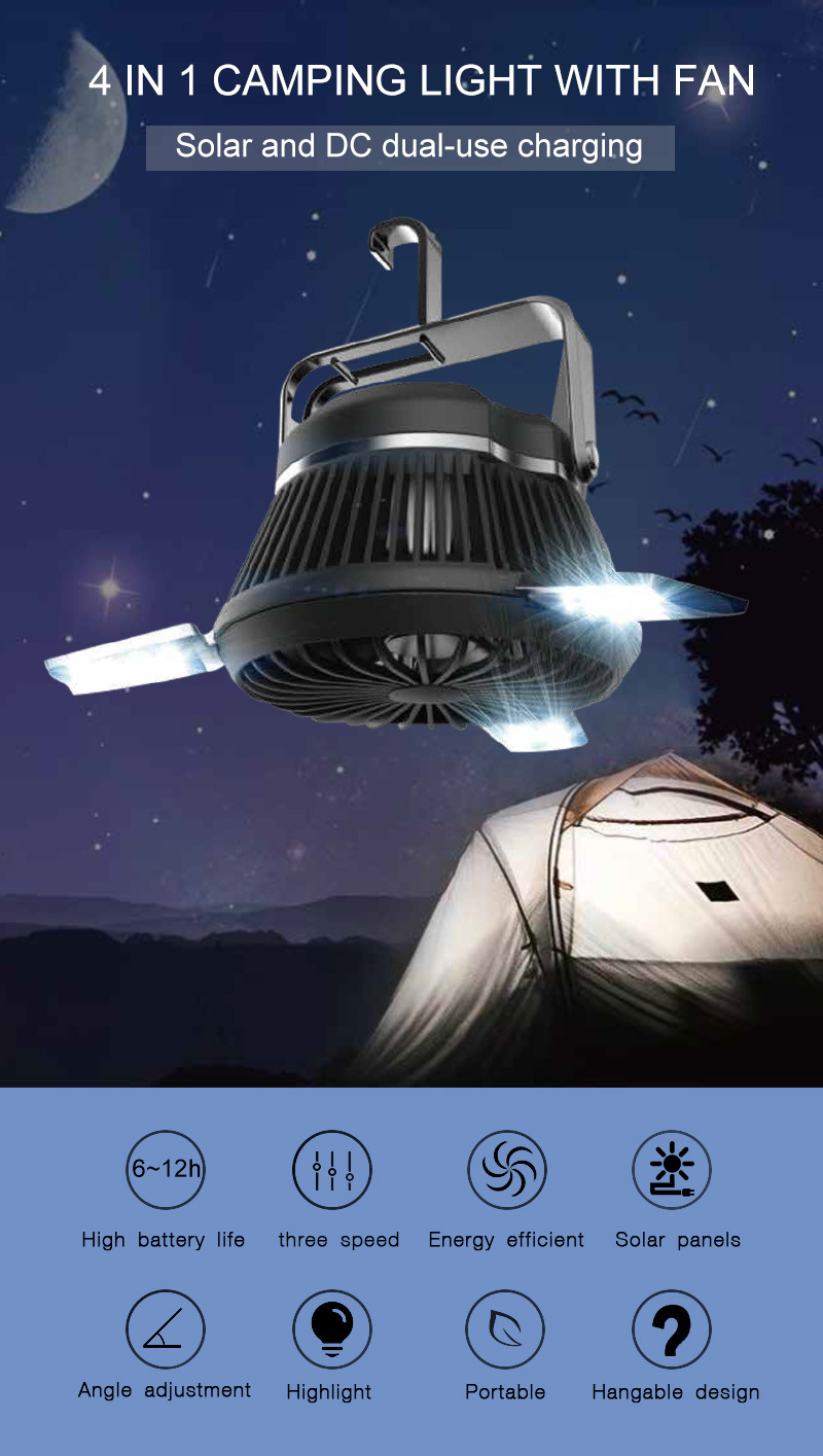 portable usb camping light rechargeable 4 in 1 Outdoor solar led camping lantern with fan