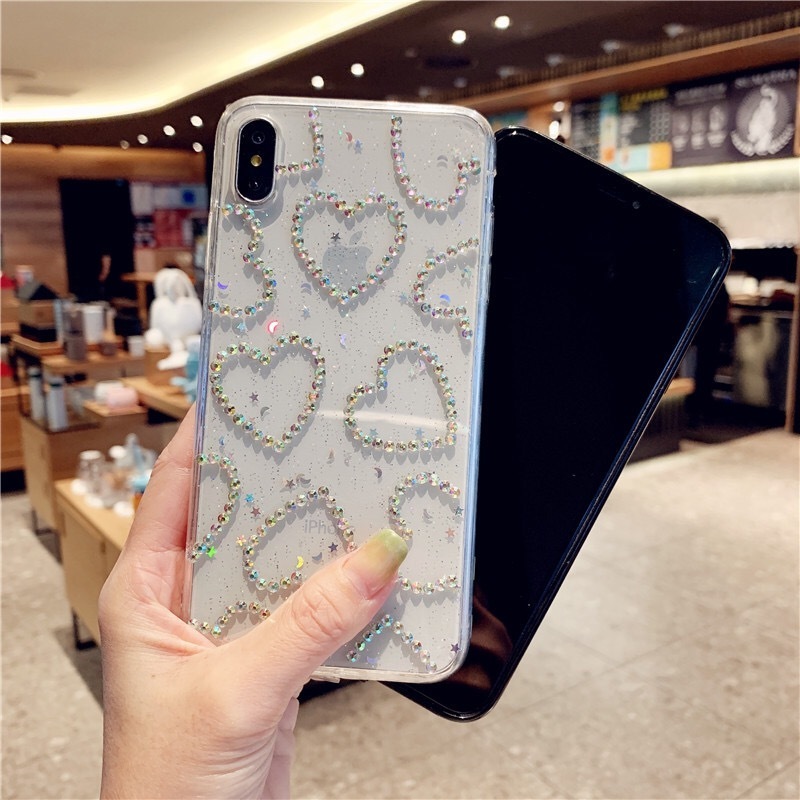 Ins Fashion Glitter Love Heart Rhinestone Phone Case For iPhone 15 14 12 11pro 13 promax X XS XR XS Max 6 6S 7 8 Plus