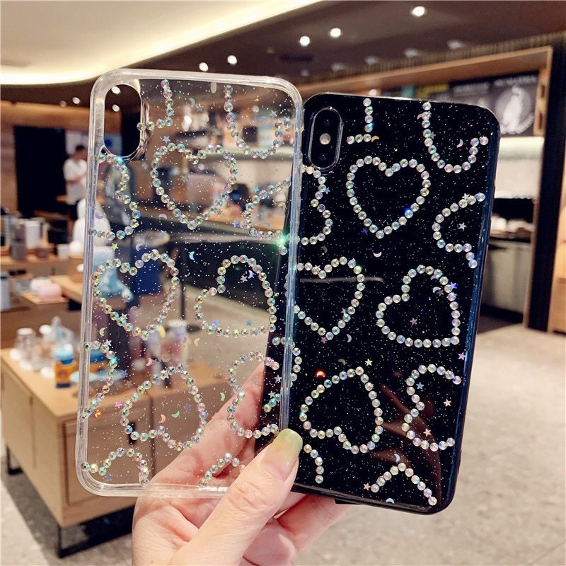 Ins Fashion Glitter Love Heart Rhinestone Phone Case For iPhone 15 14 12 11pro 13 promax X XS XR XS Max 6 6S 7 8 Plus