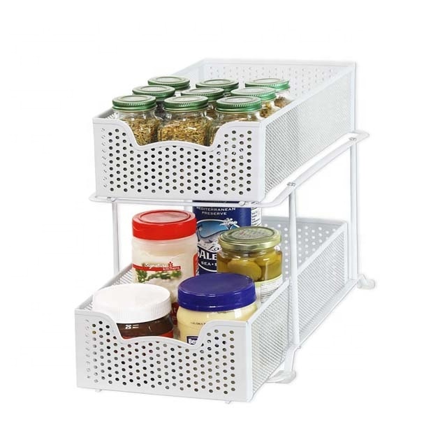 2 Tier White Sliding Cabinet Basket Organizer Drawer