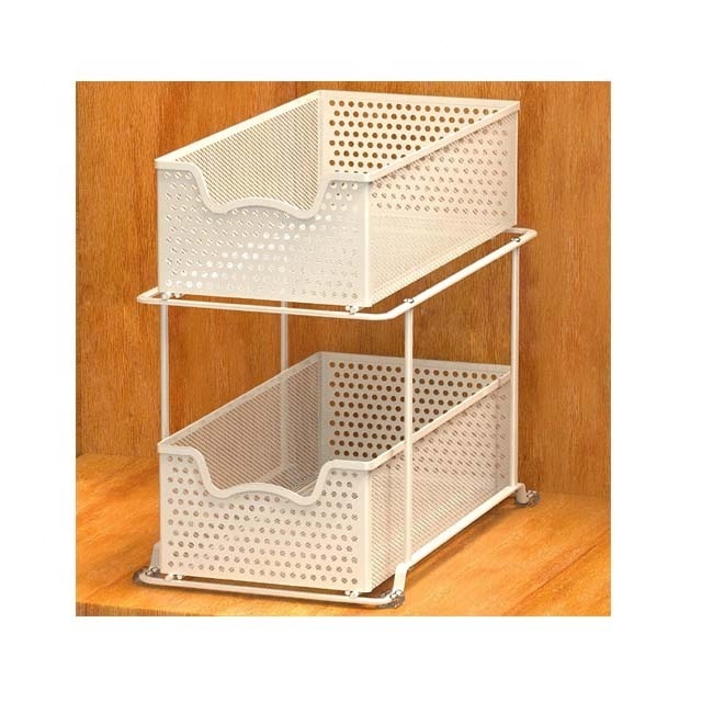 2 Tier White Sliding Cabinet Basket Organizer Drawer