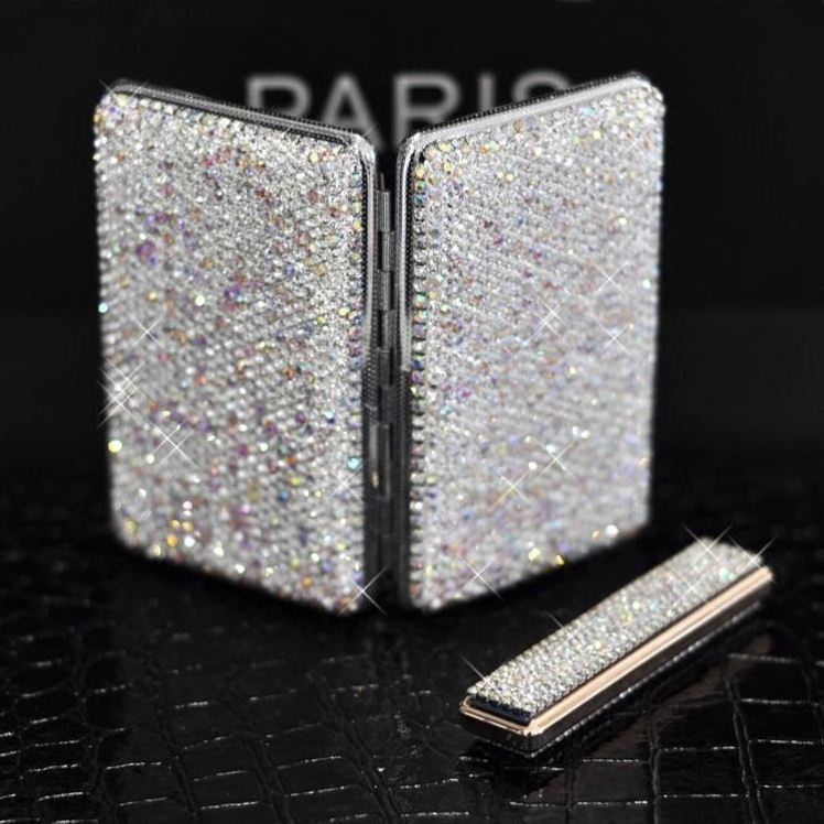 EA003 Thin shiny rhinestone cigarettes holder holds 20 regular cigarettes bling diamond cigarette case with lighter