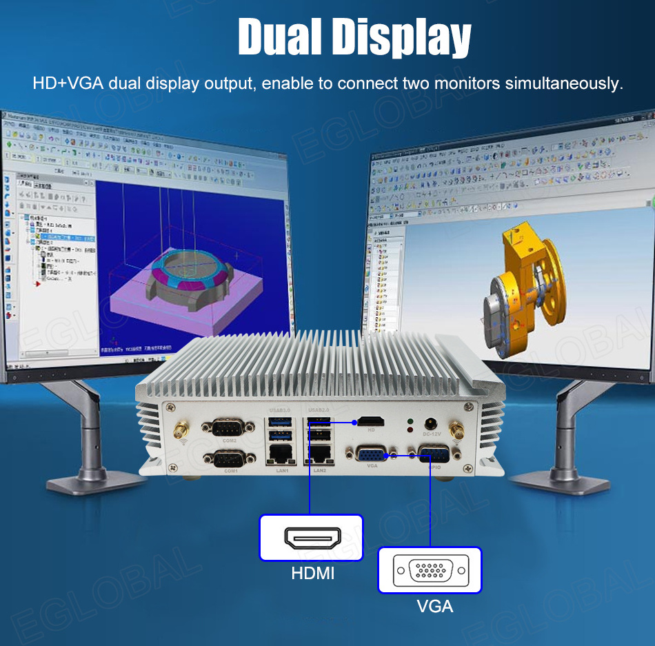 EGLOBAL Fanless Industrial Mini Computer Core i5 6360U 16GB DDR3 6*RS232 COM 2*RJ45 2.5Gbe LAN  Win10/Linux Industrial Mini PCs