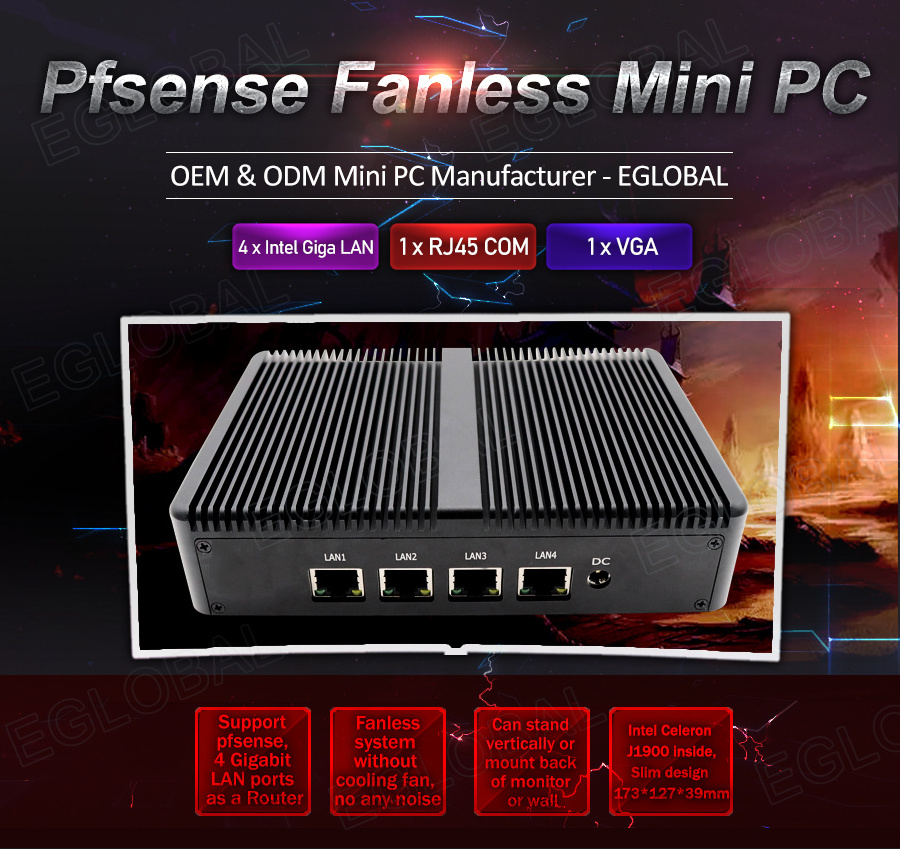 Eglobal stock Cheap price firewall router Pfsense industrial computer  intel celeron J1900 4 ethernet ports mini pc