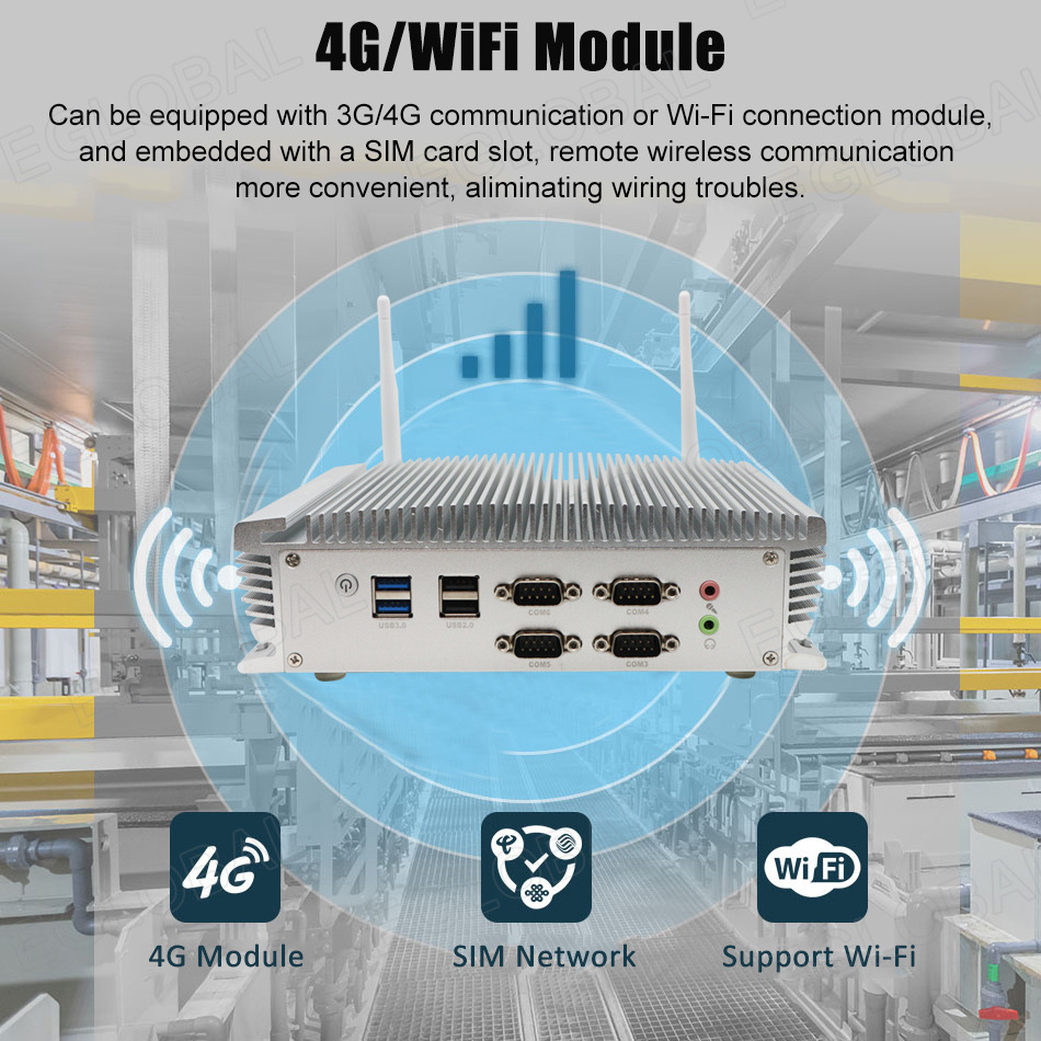 EGLOBAL Fanless Industrial Mini Computer Core i5 6360U 16GB DDR3 6*RS232 COM 2*RJ45 2.5Gbe LAN  Win10/Linux Industrial Mini PCs