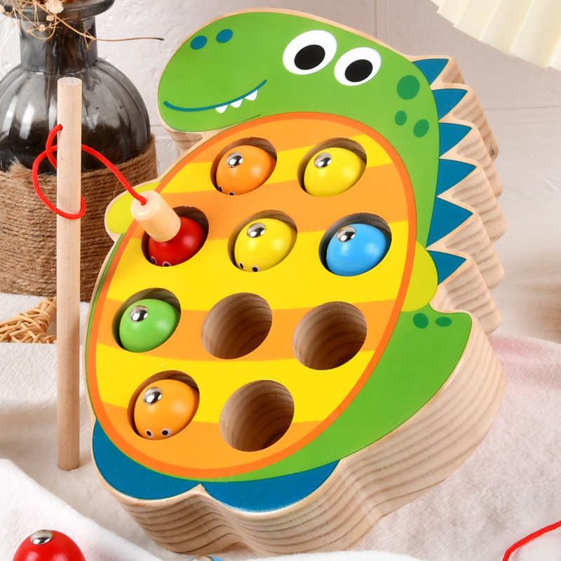 MU Cartoon Dinosaur Wooden Magnetic Fishing Game Montessori Parent-child Interactive Sensory Toys