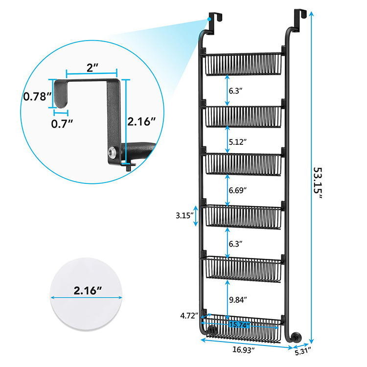 Over the Door Pantry Organizer 6-Tier Black Metal Door Storage Adjustable Hanging Kitchen Spice Rack