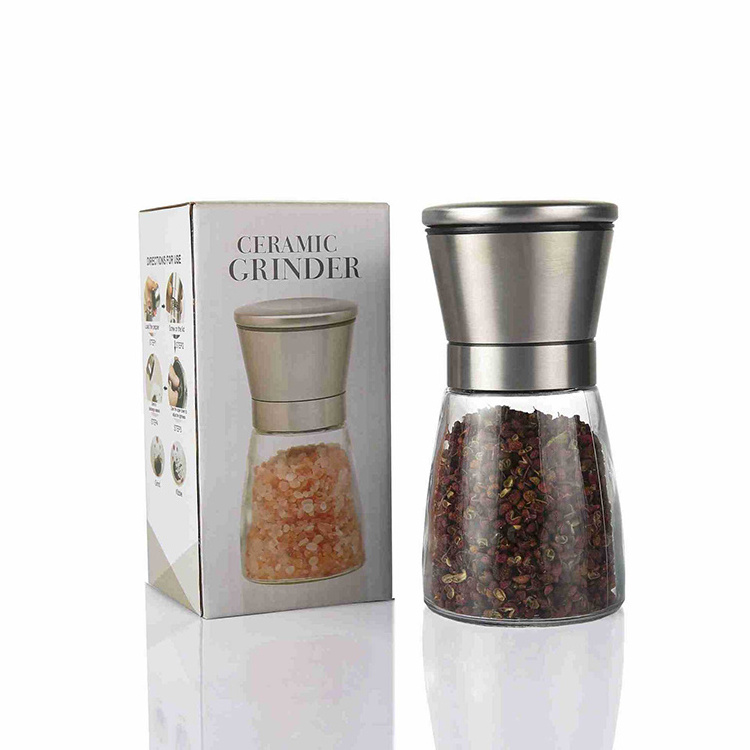 Hot Sell Adjustable 304 Stainless Steel Glass Salt Mill Bottle Chili Pepper Manual Grinder