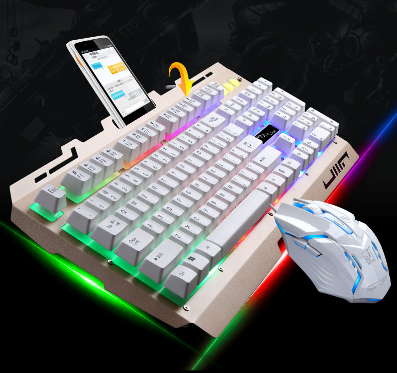 G700 2.4G Wired usb metal plate gaming keyboard mouse combo with mobile holder