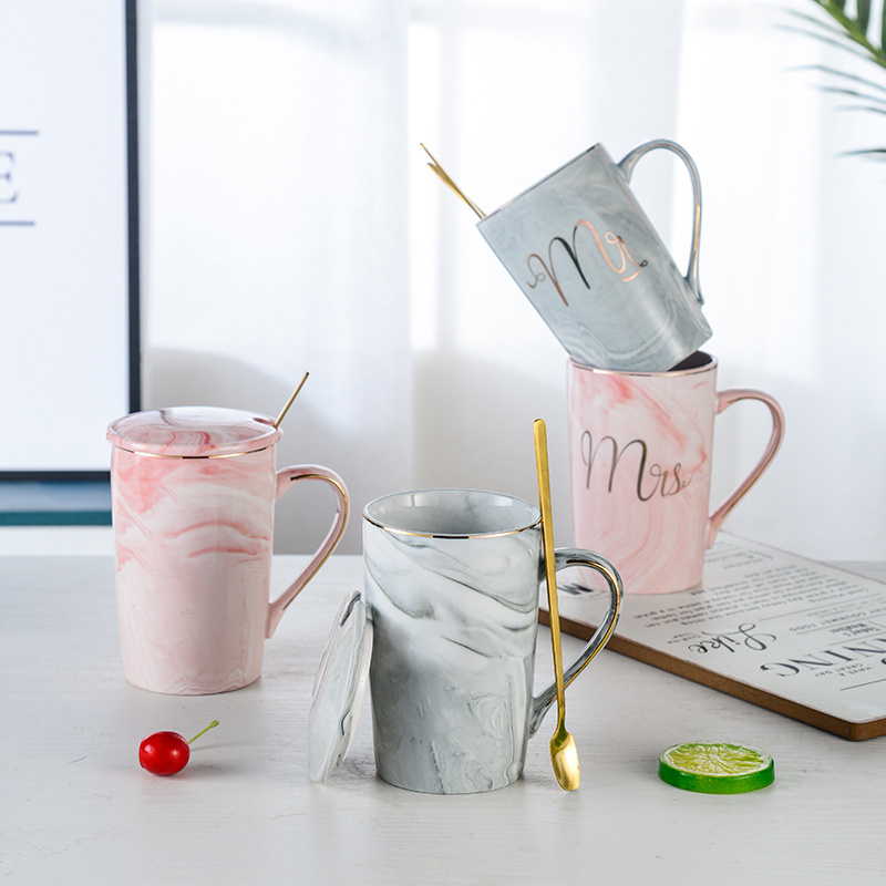 Valentine's Day Gift Box 2 Mugs Set Customize Logo Nordic Marbled Water Cups ,Ceramic Couple Coffee Mug Set mr and mrs