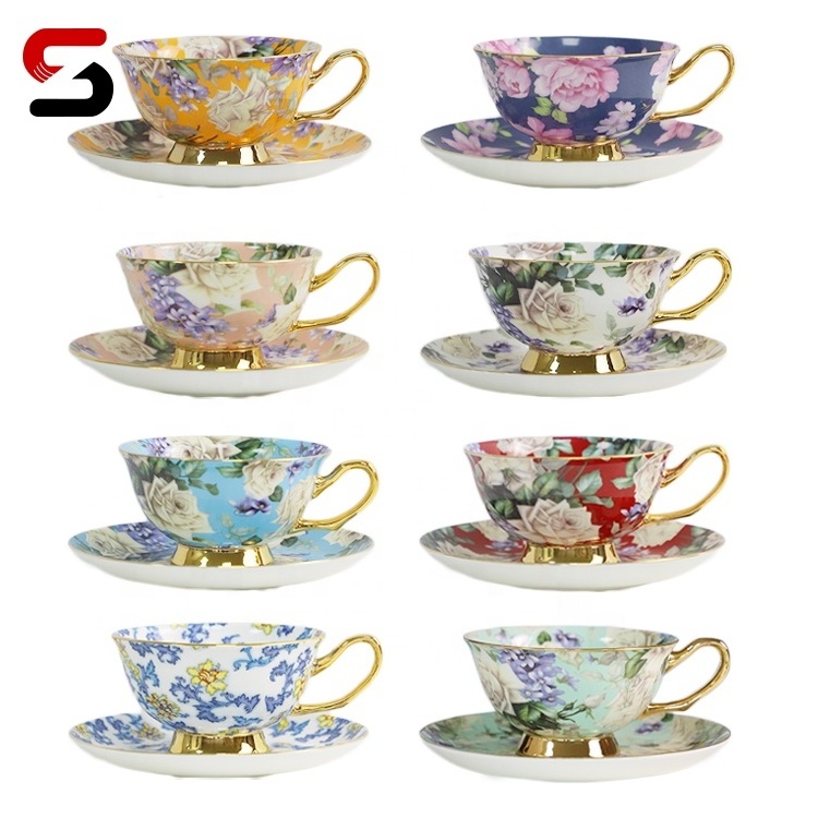 Fine Bone China Tea Cup and Saucer with Gift Box 8oz Coffee Cup Flower Pattern Business Gift Hotel Afternoon Tea Cup