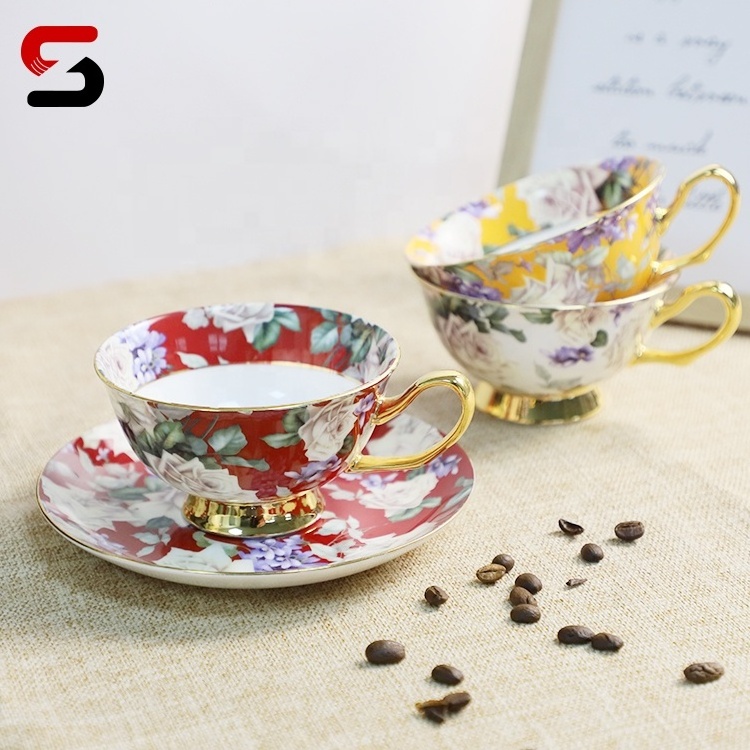 Fine Bone China Tea Cup and Saucer with Gift Box 8oz Coffee Cup Flower Pattern Business Gift Hotel Afternoon Tea Cup