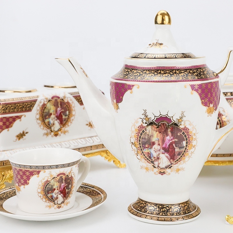 Wholesale Gold Rim Porcelain Tea Cup Set With Teapot Ceramic Tea Pot Food Grade European Drinkware for Home Decor Party