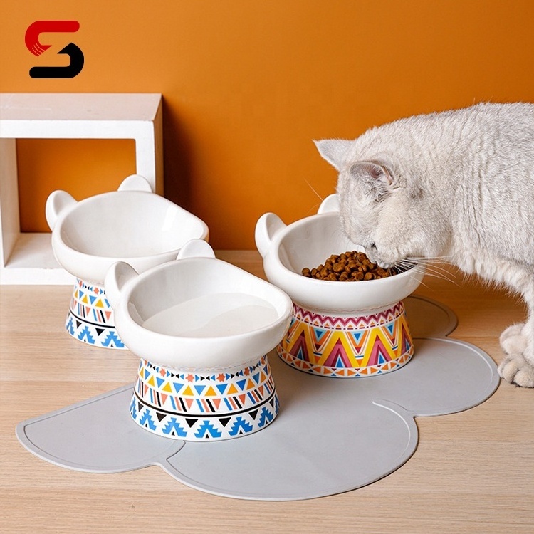 EGRAND Non-slip Ceramic Pet Cat Bowl With Mat Cervical Protect Pet Feeders For Dog Pet Supplies