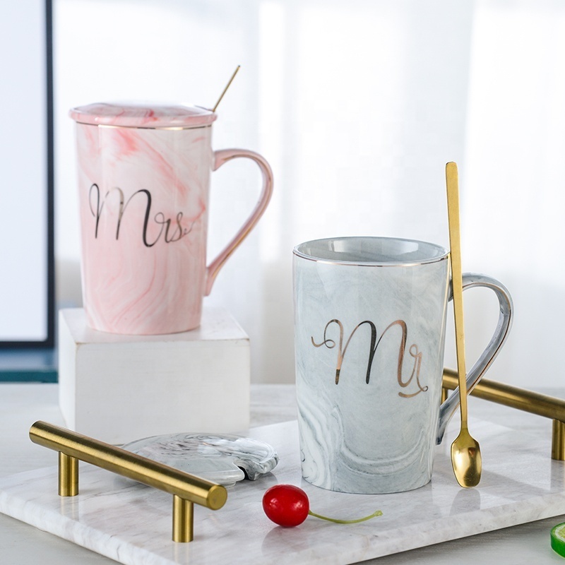 Egrand Wholesale Custom Ceramic Marble Cup Mr And Mrs Couple Mug Marbl Gold Rim Cup Couple Coffee Mug With Handle For Love Gift