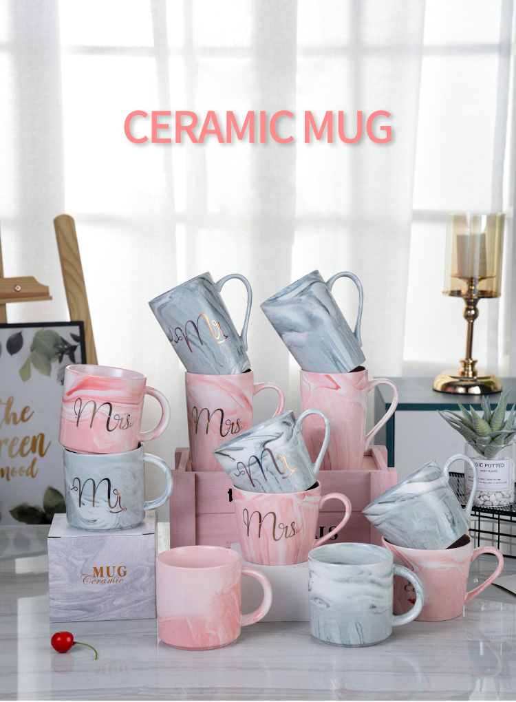 Egrand Factory Wholesale Luxury Marble Custom Print Ceramic Porcelain Coffee Mug Milk Mug with Lid Spoon