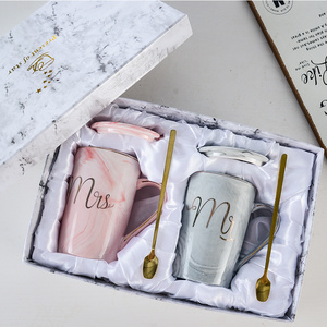 Valentine's Day Gift Box 2 Mugs Set Customize Logo Nordic Marbled Water Cups ,Ceramic Couple Coffee Mug Set mr and mrs