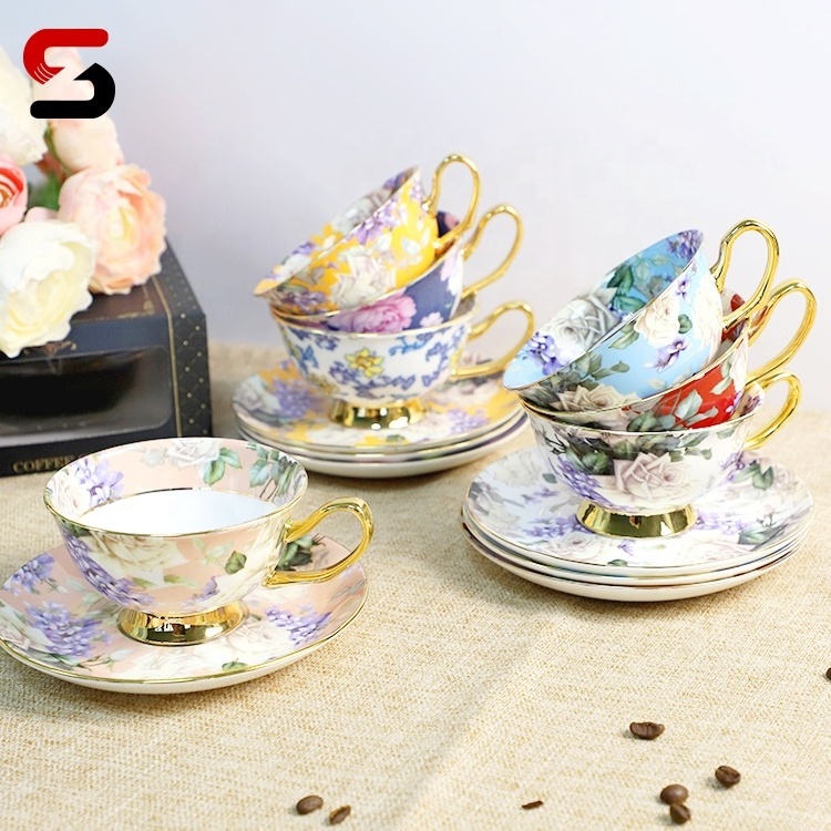 Fine Bone China Tea Cup and Saucer with Gift Box 8oz Coffee Cup Flower Pattern Business Gift Hotel Afternoon Tea Cup