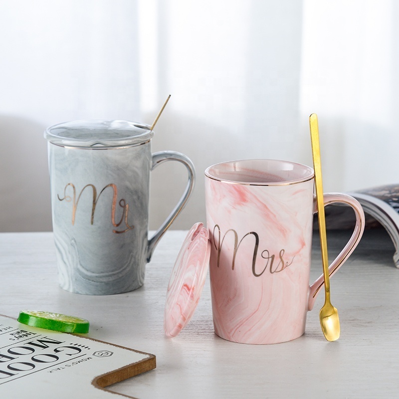 Egrand Wholesale Custom Ceramic Marble Cup Mr And Mrs Couple Mug Marbl Gold Rim Cup Couple Coffee Mug With Handle For Love Gift