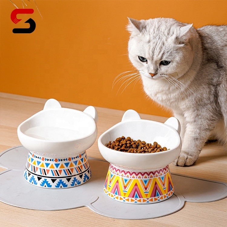 EGRAND Non-slip Ceramic Pet Cat Bowl With Mat Cervical Protect Pet Feeders For Dog Pet Supplies