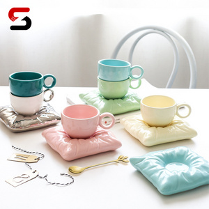 Egrand Nordic Creative Couple Gift Macaron Pillow Shaped Cheap Ceramic Coffee Mug Porcelain Milk Tea Cups And Saucer Set