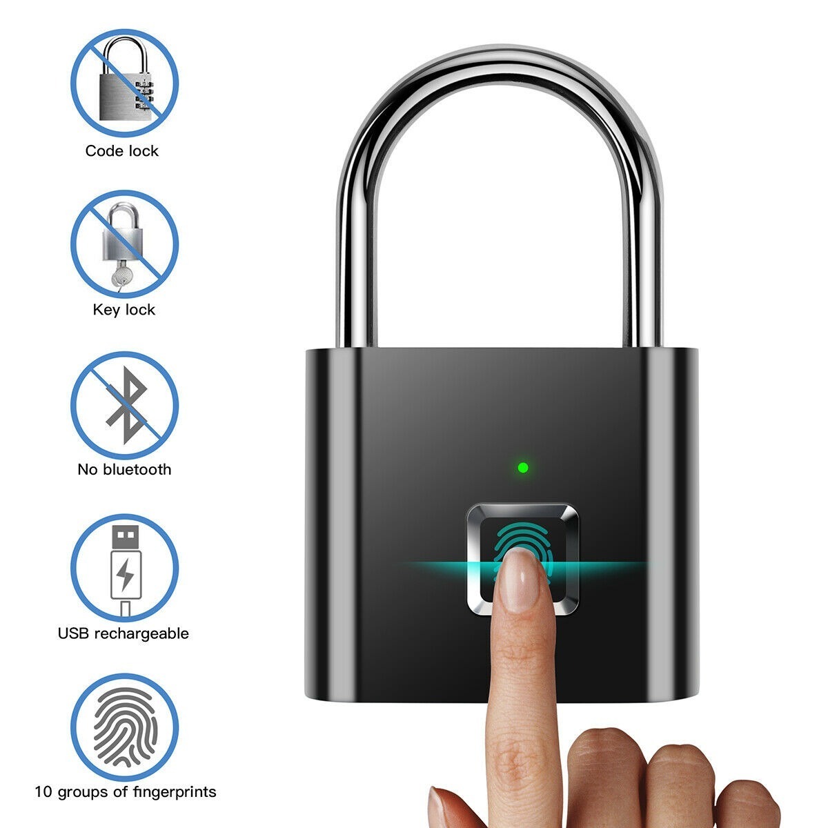 USB Rechargeable Smart Lock Keyless Fingerprint Lock IP65 Waterproof Anti-Theft Security Padlock Door Luggage Case Lock