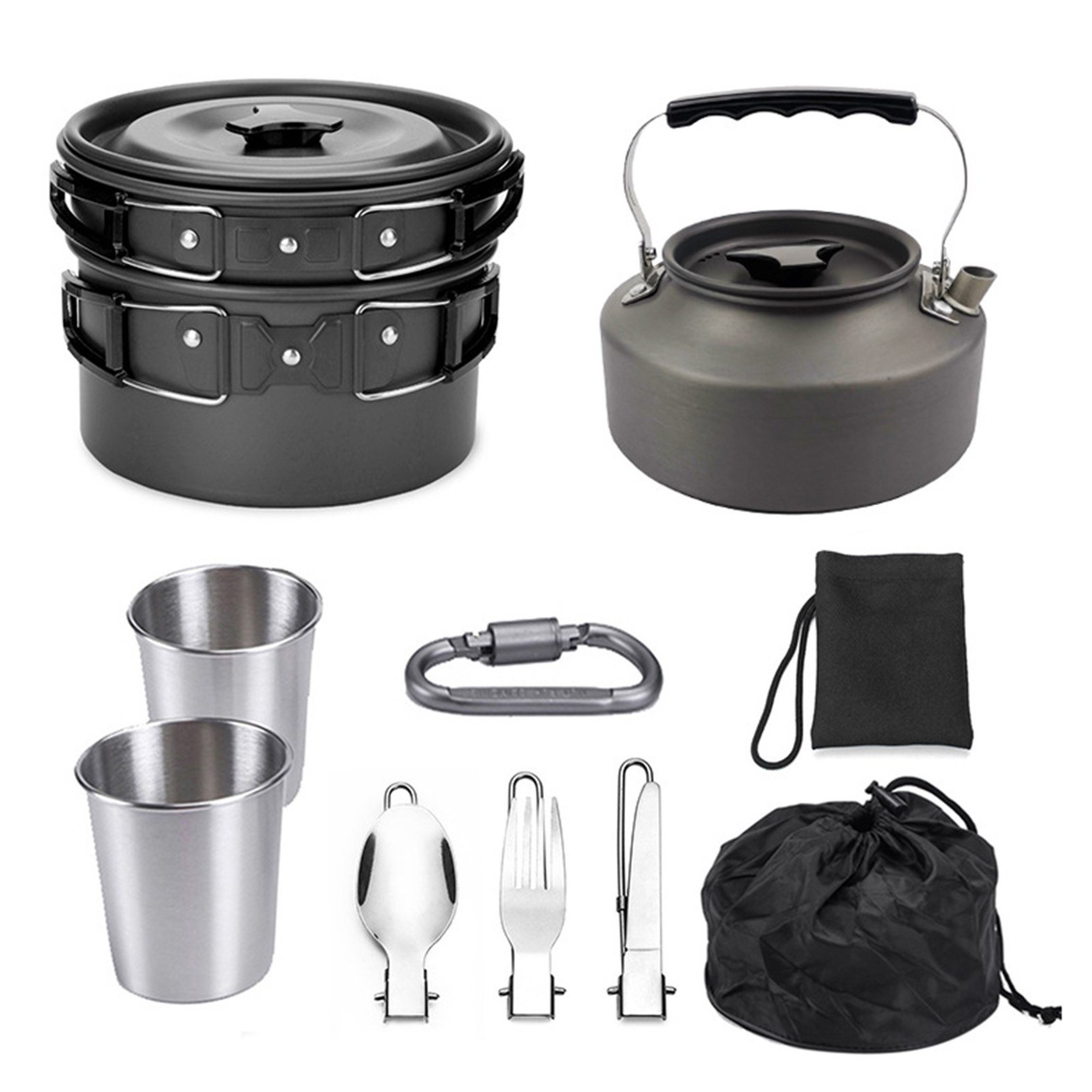 10pcs Camping Cookware Mess Kit 2-3 Persons Lightweight Kettle Pot Pan Cups Fork Spoon Kit Backpacking Gear Outdoor Cookware Set