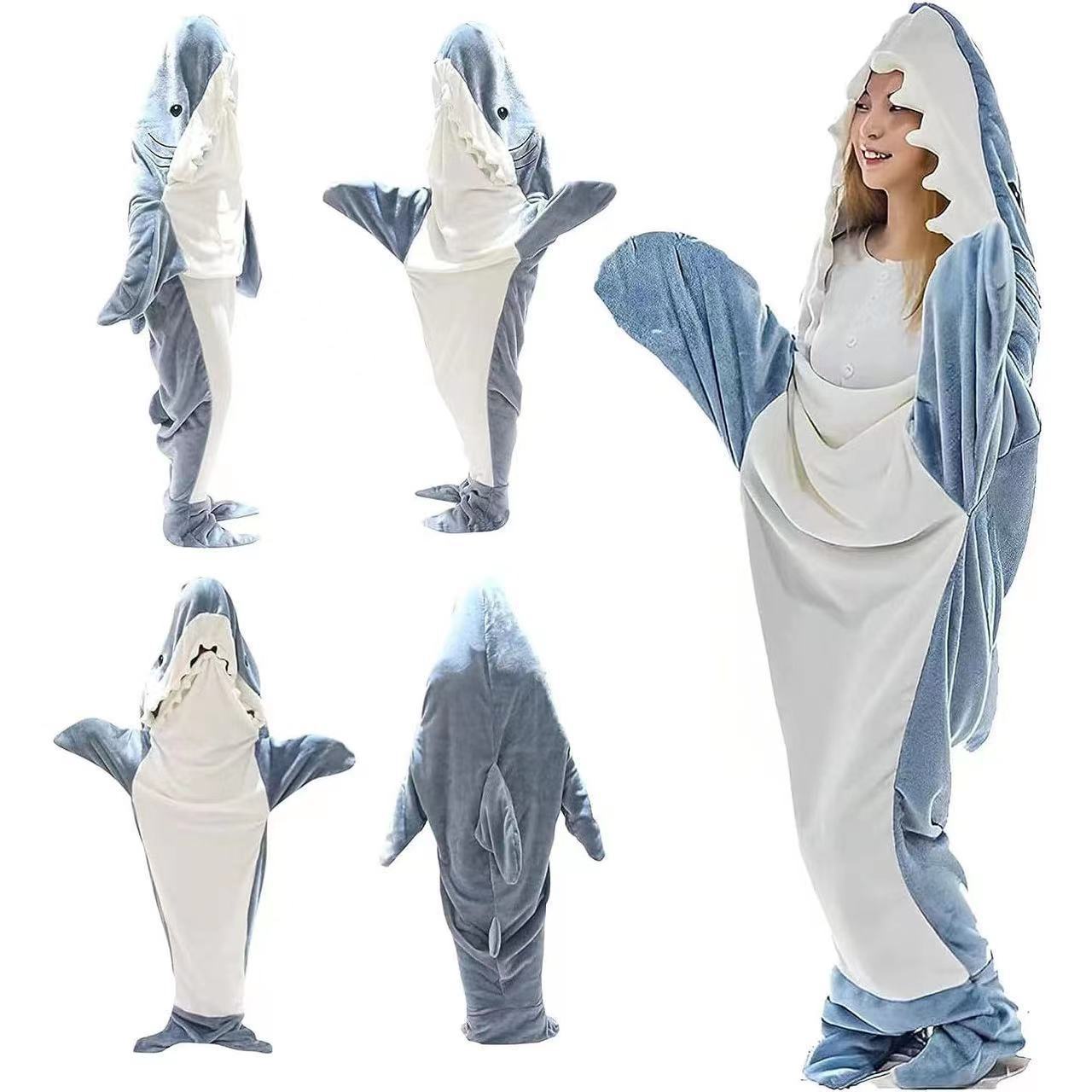 Custom Animal Blanket Hoodie Oversized Shark Flannel Sleeping Bag Hug Sleep Blanket Cozy Hooded Wearable Blanket with Sleeves