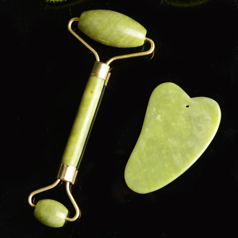 2 in 1 Facial Massage Roller and Gua Sha Tools K15 Natural Jade Scraper Massager with Stones for Face Neck Back and Jawline