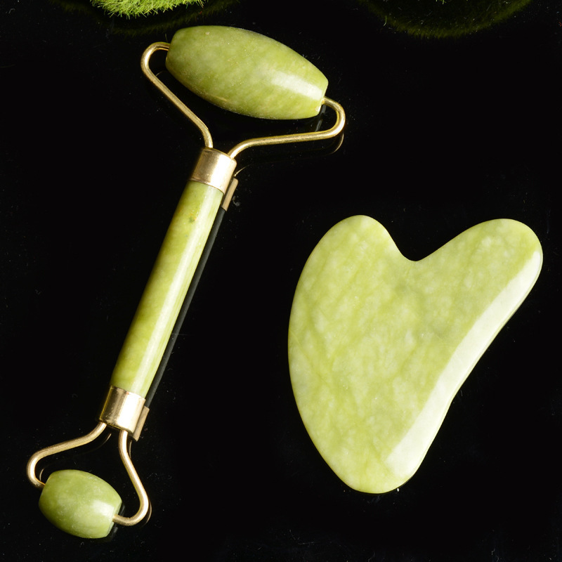 2 in 1 Facial Massage Roller and Gua Sha Tools K15 Natural Jade Scraper Massager with Stones for Face Neck Back and Jawline