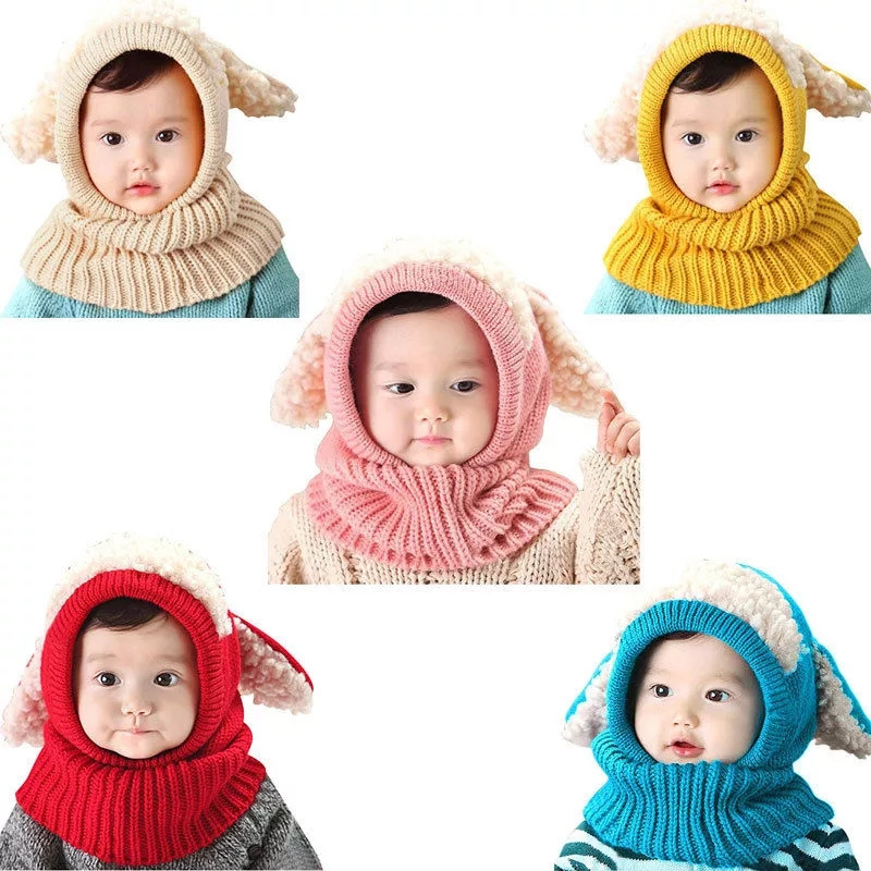 Baby Boy Girl Winter Warm Knitted caps Kids Toddler Hooded Scarf Ear flap Beanie Hats with Ears