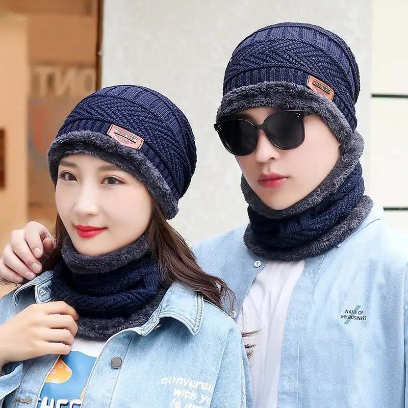 I-0085 Soft Thicken Wool Ski Hat Men Warm Hats Neck Warm Winter Wool Hat Set Women Men Beanie Knitted Cap Scarf Set