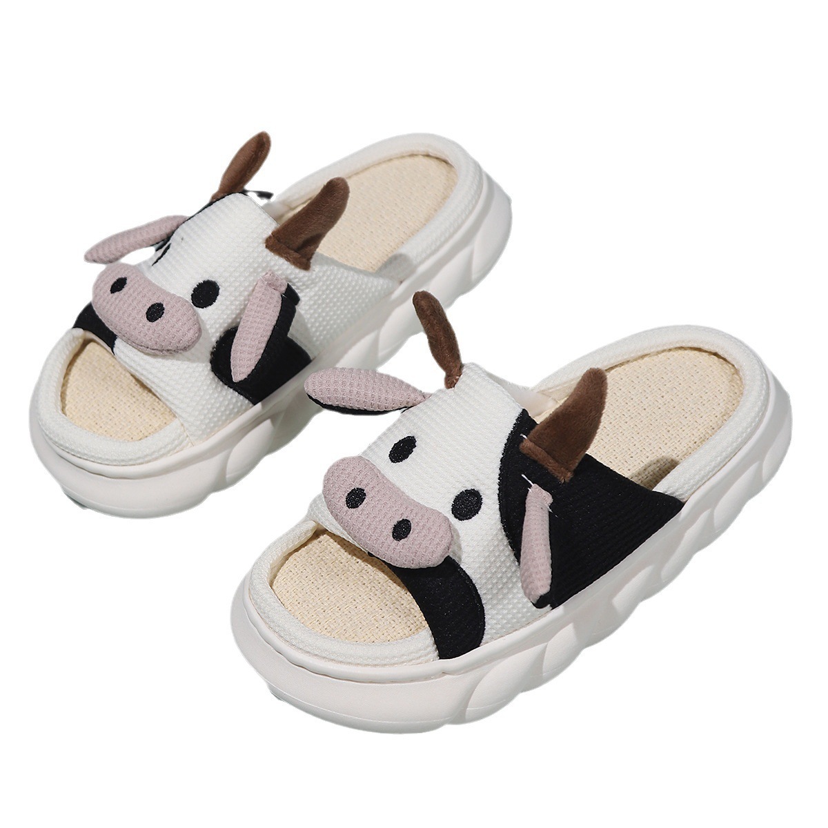 Women EVA Sole Open Toe Thick Sole Cute Animal Cartoon Cow Slippers High Quality Indoor Home House Cotton Linen Slippers