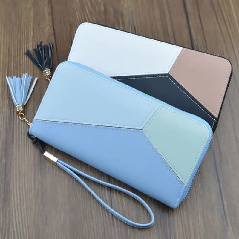 Women long Leather Zipper Purse girls Geometric patterns wallets Tassel Wallets Simple Card Holder Women Wallet J0088