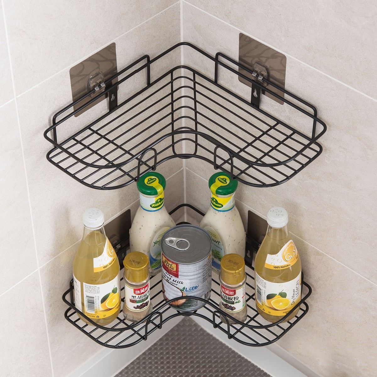 Bathroom kitchen Punch Corner Frame Shower Shelf Wrought Iron Shampoo Storage Rack Holder with Suction Cup