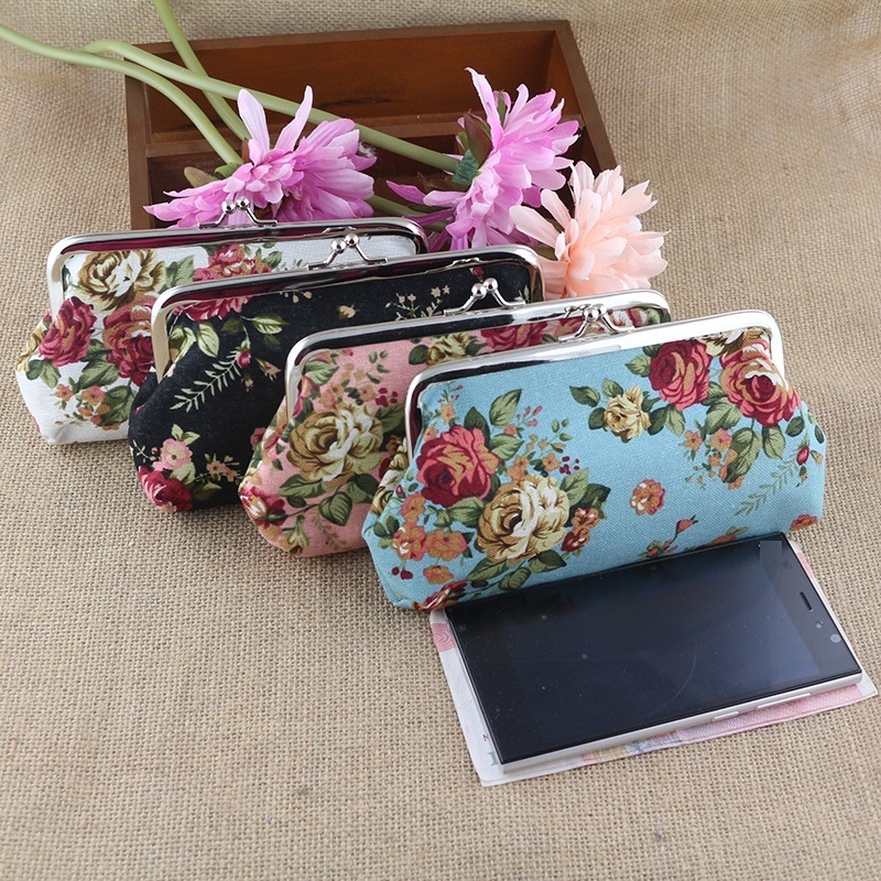 K1280 New Coin Purses Women Girls Flower Printed Canvas Wallet Card Holder Coin Purse Clutch girls Handbag Bag