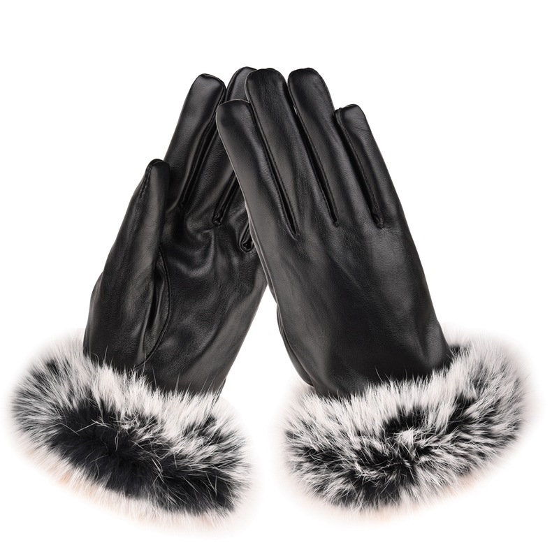 Women's Autumn Winter PU Leather Warm Dress Gloves Fashion Ladies Imitation Rabbit Fur Gloves