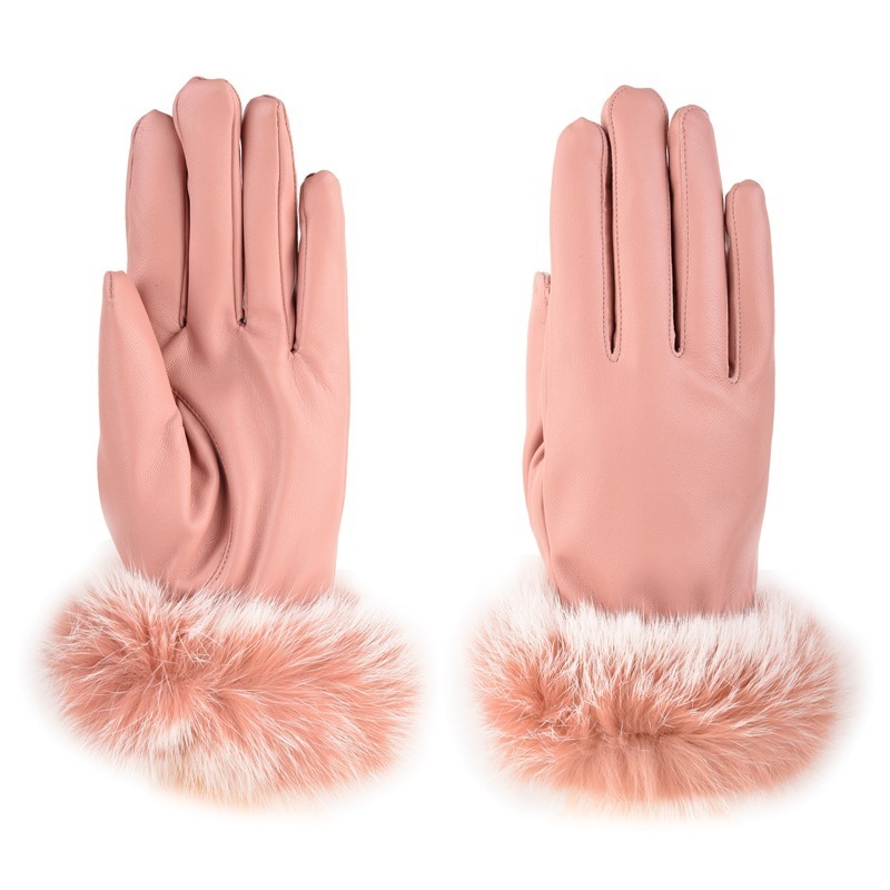 Women's Autumn Winter PU Leather Warm Dress Gloves Fashion Ladies Imitation Rabbit Fur Gloves