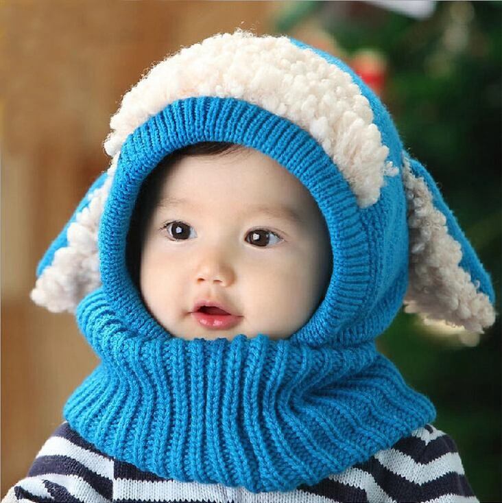 Baby Boy Girl Winter Warm Knitted caps Kids Toddler Hooded Scarf Ear flap Beanie Hats with Ears