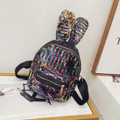 Women Rabbit Ear Backpack for Girls Sequined Travel Bag Bling Shiny Backpack Schoolbag